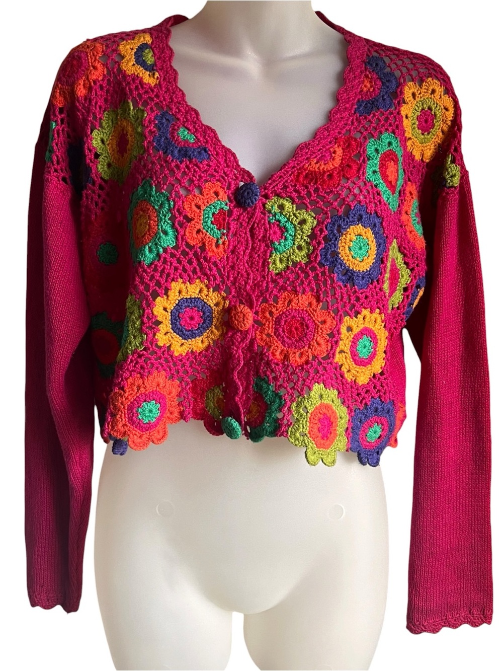 VTG MY Rainbow Granny Square Crochet Cardigan S Festival Boho Cottage Y2K 90s
